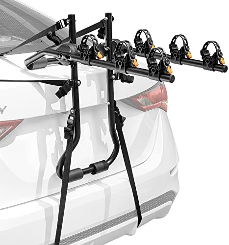 GYMAX Portabicicletas Coche con Longitud y Ángulo Ajustables para 3 Bicicletas, Soporte para Maletero para Maletero con Barra Superior y la Mayoría de Sedanes, Hatchbacks, Minivans y SUV