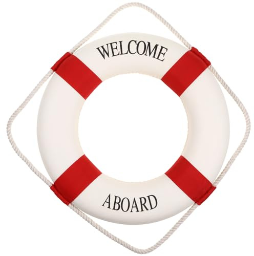 Hemobllo Rettungsring Deko 35cm Maritime Wanddeko Welcome Aboard - Nautische Dekoration Rot Weiß für Badezimmer Wohnzimmer & Garten - Maritimer Rettungsring aus Baumwolle & Schaumstoff Wandobjekt