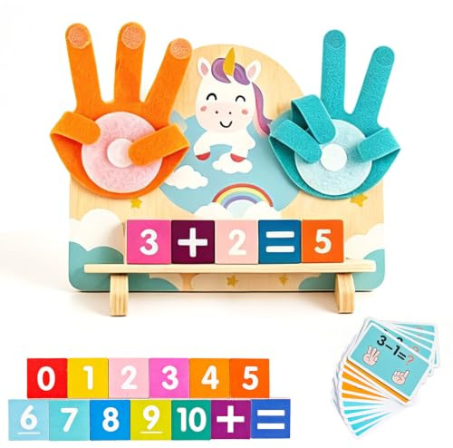 DQMOON Unicorn Gifts for Girls, Montessori Wooden Math Toys for 4 5 6 Year Old, Finger Counting Math Board with Number Blocks & Equation Cards, Preschool Learning Toys, Birthday Gifts Stocking Fillers