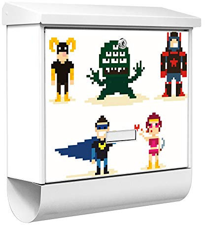 banjado® Burgwächter Briefkasten Weiß 38x39x12cm mit Motiv Superhelden/Briefkasten mit Zeitungsfach/Briefkasten mit Zeitungsrolle/Postkasten inkl. Montagematerial & 2 Schlüsseln