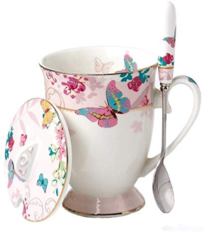 Krysclove Vintage Keramik Teetasse Kaffeetasse mit Deckel und Löffel, Royal Fine Bone China Tassen (Pink)