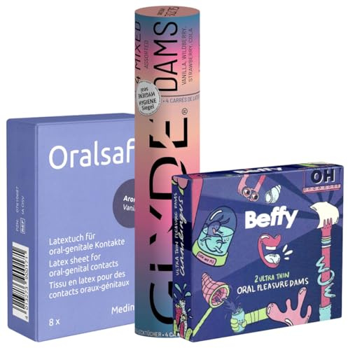 Kondomotheke® Oral Dams Starterpack | 14 aromatisierte Lecktücher im Probier-Set | Beffy, Oral Safe & Glyde Dental Dams für hygienische Anwendung beim Oralverkehr