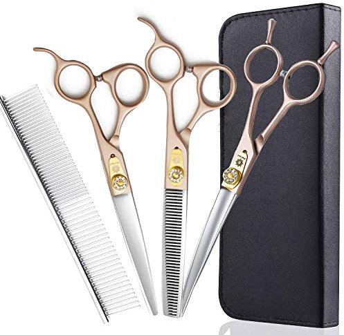 Dream Reach Hundeschere Fellschere 7 Inch professionelles Tierpflege Set aus 440C japanischer Edelstahl gerade&Gebogene&ausdünnen Schere(15%-25% Ausdünnungsrate) Set (7-Zoll-Fellschere Set 01)