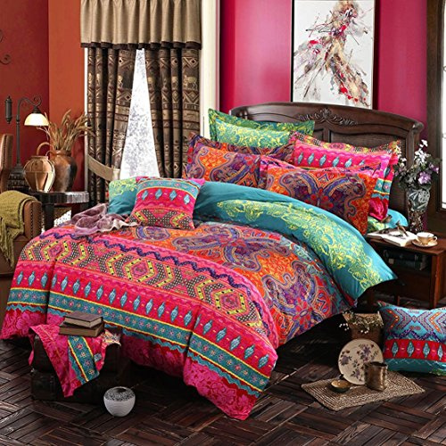 Lanqinglv Bohemian Bettwäsche 200x220 Boho Mandala Böhmisch Rot Blumen | ÖKO-TEX Zertifiziert,Mikrofaser Vintage Bettwäsche für Allergiker,Bettbezug mit Reißverschluss 2 Kissenbezug 80x80 cm