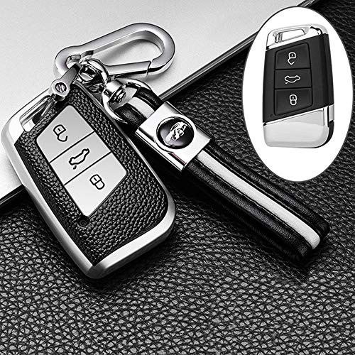 ontto Autoschlüssel Hülle Cover für VW Magotan Passat B8 CC Golf 7 Tiguan MK2 Jetta Skoda Superb A7 Kodiaq TPU Leder Schlüsselhülle mit Schlüsselanhänger Schlüssel Schutz Etui Fernbedienung-Silber