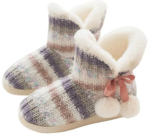GURGER Hausstiefel Damen Plüsch Hüttenschuhe Gefüttert Winter Strick Hausschuhe Hohe Warm Pantoffeln Slipper Farbenfroh Größe 39 40