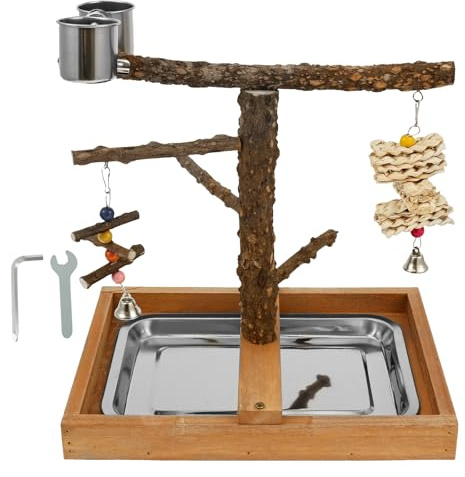 KEGAJEGA Vogel Spielständer Holz Vogel Spielplatz mit 2 Feeder-Cup Wellensittich Spielplatz Papageienständer für Kleine Vögel Mittelgroße Vögel Sittiche Wellensittiche Nymphensittiche (B)
