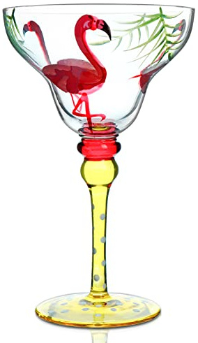 Hand Painted Margarita Glass - Moroccan Collection - Hand Painted Glasses by Artists - Unique and Decorative Margarita Glasses, Kitchen Table Decoration (Flamingo)