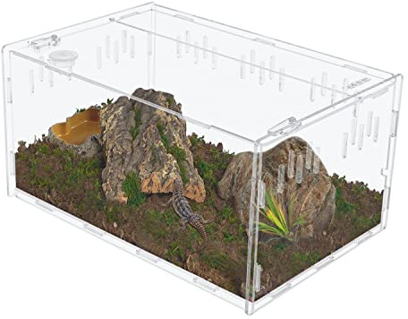 aleawol Extra Large Reptile Feeding Box 38x25x19cm, Transparent Acrylic Terrarium Reptile Habitat Breeding Box Insect Feeding with Vents Anti-Escape Design for Pet Snake Lizard Spider Frog