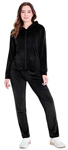 CityComfort Velour Womens Tracksuit Set Adults Teenagers Comfy Velvet Lounge Set 2 Piece Zip Up Long Sleeve Hooded Sweatshirt & Joggers Lounge Wear (S, Black)