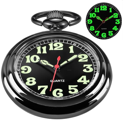 Whodoit Black Shiny Arabic Numeral Men's Quartz Pocket Watch, Pocket Watches Gift Quartz Movement for Men with Chain-Black