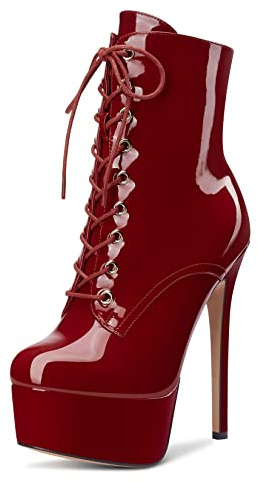 Aachcol Femmes Bottines Plate-forme Aiguille Haut High Talon Heel Rond Bout Dress Chaussures Lacets Vernis 16 CM