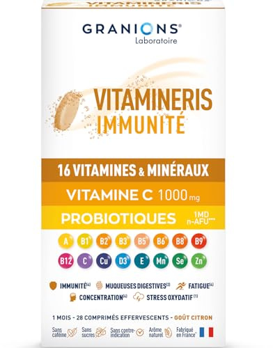 GRANIONS VITAMINERIS IMMUNITE | Vitamine C 1000mg, Souches tyndallisées, Vitamine A, 16 Vitamines et Minéraux, Immunité, Concentration | 28 Comprimés Effervescents, Goût Citron, Made in France
