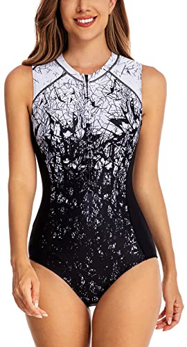 FEOYA One-Piece Badeanzug Damen Ärmellos Schwimmeinteiler Bademode mit Reißverschluss Slim Fit Swimwear Hersteller XL/DE-Größe 42-44 - Muster 7