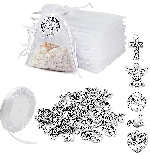 VEGCOO 50 Pezzi Ciondolo Albero della Vita, 50 Pezzi 10 * 12cm Sacchetti Organza Portaconfetti Bomboniere, Gioielli Collana Braccialetto DIY Ciondoli Bomboniere per Battesimo Comunione Matrimonio (B)