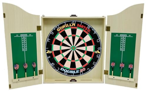 GORILLA DARTS Centre Set MDF Light Oak Cabinet Set Dartboard inc Darts Package