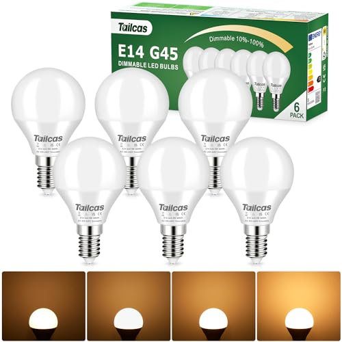 Tailcas E14 LED Dimmbar Lampe, E14 led warmweiss 3000K, 5W 500 Lumen LED Birne ersetzt 40W Glühlampen, 280° Strahlwinkel G45 Glühbirne Dimmbar, Kein Flackern Energiesparlampe, 6er-Pack
