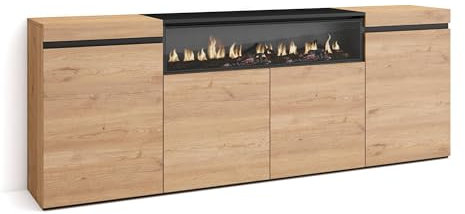 Skraut Home | Sideboard, Highboard | Kommode, Komodenschrank | 200x75x35cm | 4 Türen | Elektrokamin. Maße | Moderner Stil | Eiche Schwarz