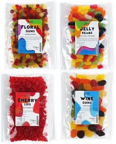 Just Treats Sweet Quartet - Squirrel Scented Floral Fums, Squirrel Scented Cherry Lips, Jelly Beans & Wine Gums (4 x 175g Bags) - 17,21,25,26,