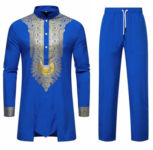 ZDSUHYIW Uomo Completo Africano Dashiki, Set a Due Pezzi, Outfit Tradizionale Tribale, Camicia a Maniche Lunghe e Pantaloni, Completo Musulmano Arabo del Medio Oriente con Maniche Lunghe, Completo