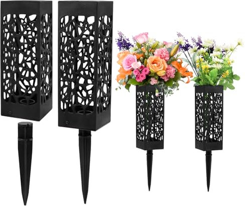 Lot de 4 vases funéraires de 30,5 cm avec piquet, support de fleurs pour tombe - Décorations de cimetière pour cimetière - Marqueur de fleurs (noir)