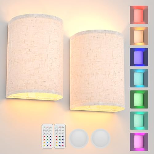 AIBOO Batteriebetriebene Wandleuchten Magnetische Kabellose Lampe RGB Farben Dimmbar mit Stoff Leinen Schatten und Fernbedienung, Beleuchtung Dekoration 2er Set für Schlafzimmer Wohnzimmer Flur