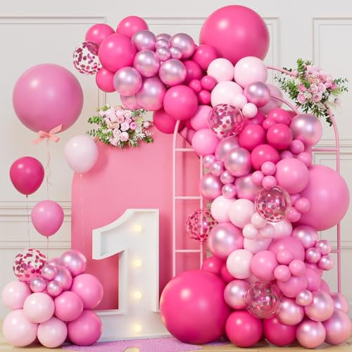 Pink Balloons Garland Arch Kit 151Pcs,5In 10In 12In 18In Different Size Hot Pink Metallic Pink Confetti Balloons for Girls Women Wedding,Baby Shower,Princess Birthday Party Decorations