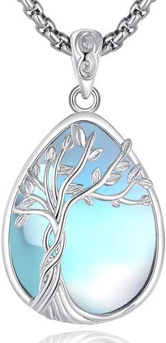 EUDORA Harmony Ball Collier en argent sterling 925 avec pierre de lune et turquoise pour femme, pendentif arbre de vie/papillon/œillet pour maman, cadeau de fête des mères pour femme, 55,9 cm