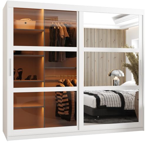 MEBLE KRYSPOL Dome 2 Schrank mit Zwei Schiebetüren mit Spiegel, Stangen und Regalen - Aufbewahrungsschrank mit Rauchglas für Schlafzimmer, Wohnzimmer - 200x200x62cm - Weiß, Weiß, Silber
