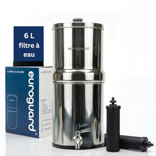 euroguard® – Système de Filtration d’Eau par Gravité en Acier Inoxydable 304 | Certifié NSF/ANSI 42 & 372 | 2 Cartouches Incluses | Robinet 100% Inox (Argent Brillant, 6L)