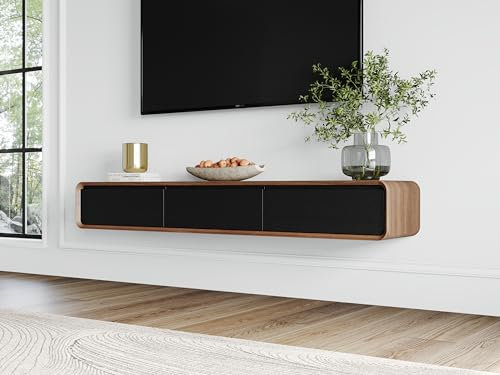 Meuble TV minimaliste flottant, centre de divertissement mural moderne – Bois massif, placage de noyer et noir – Entièrement assemblé pour le salon