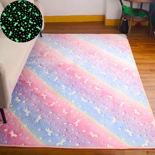 Skeiyo Glow in the Dark Rug, Luminous Area Rugs for Bedroom Living Room, Low Pile Elastic Carpet Colorful Pink Rug Rainbow Unicorn, 60x120