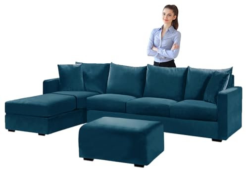 SYLC Samt Couch überzug L Form Sofabezug Ecksofa, Sofa Cover L Shape Stretch Mit Sitzkissen Rückenlehne, Universal Sofaüberwurf Waschbar (Dark Teal,Hocker Quadratisch-L)