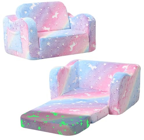 MeMoreCool Divano per bambini pieghevole, 2 in 1 per bambini, con funzione di sonno, mini divano per camera dei bambini, divano da gioco per ragazze e ragazzi, arcobaleno luminoso