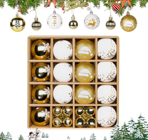 Christmas Baubles, ilauke 30 PCS White and Gold Xmas Balls, Hanging Balls Ornaments, Christmas Tree Baubles for Indoor/Outdoor Decorations