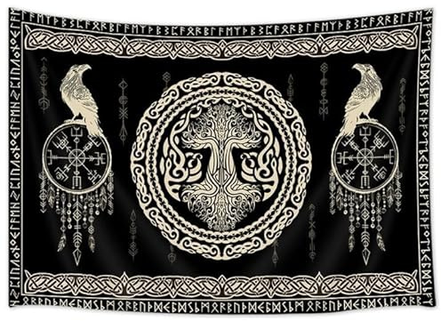 Hajmsug Vikings Tapestry,Black and White Tree Bird of Wisdom Celtic Rune Ancient Rune Totem Norse Mythology Medieval Viking Wall Art,Aesthetic Mythology Tapestry for Bedroom Living Room,40X30 Inch.
