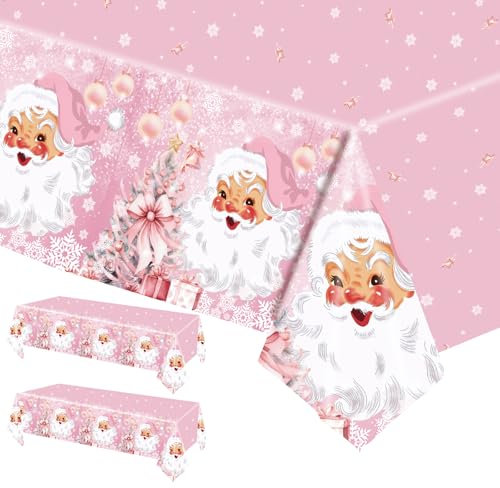 POPOYU 2 manteles de Navidad, 137 x 274 cm, mantel rectangular rosa grande, mantel de Navidad de Papá Noel, mantel de Navidad para invierno, vacaciones, suministros de fiesta de Navidad