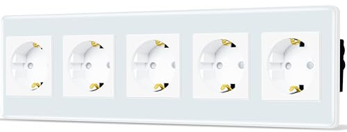 TAWOIA Schuko Steckdose, EU-Standard 5 Fach Unterputz Mit 2,5D Gebogenes Glas Platte, Wandsteckdosen Weiß 86 * 370mm