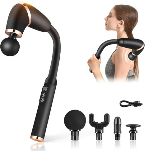 Massage Gun with Extended Handle, U-Shaped Back Massager Muscle Percussion Massager with 4 Interchangeable Heads and 6 Speed Levels, Back Massager for Pain Relief