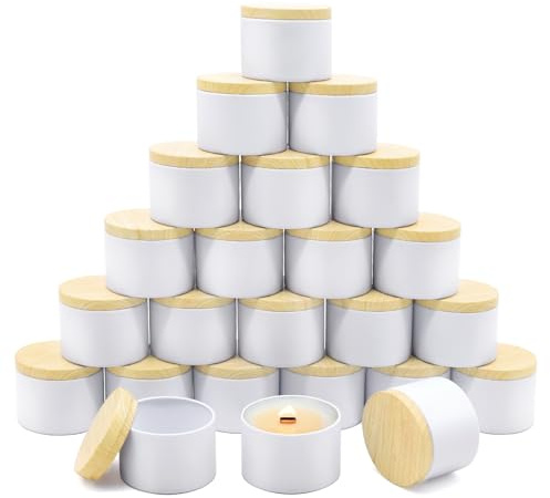 YJHSS 24-Pack 4oz Candle Tins with Wood-Grain Printing Lids, Metal Candle Jars for Candle Making, Bulk Empty Containers for Beginners & DIY Storage - Wood White