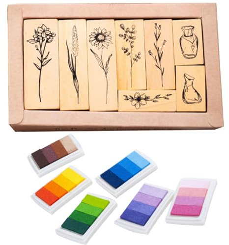 8 holzstempel, Prägestempel mit 6 Stempelkissen, Stempelset, Blumenstempel, Embossing Stempel, Blumen Stempel Holz mit Naturpflanzen Mustern, für Basteln Geschenkanhänger, DIY Fotoalben, Sammelalben