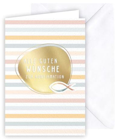 KE - Edle Karte zur Konfirmation, Glückwunschkarte, mit Umschlag, weiß, goldene Prägung (Kreis), hochwertiger Strukturkarton, Format: B6, Motiv: Streifen, Regenbogenfisch