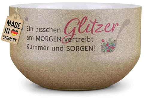 Print Royal PR Glitzer Müslischale mit Name selbst gestalten - Glitzer am Morgen - Personalisiertes Geschenk für Freundin, Tochter, Frau - Keramik Schüssel, Gold 500 ml