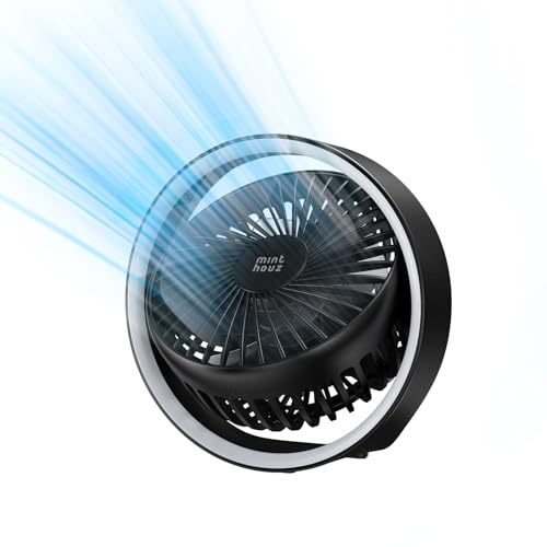 Minthouz Tischventilator, 3 Geschwindigkeitsstufen Leiser USB Ventilator,180° Drehbarer Mini Ventilator mit Umgebungslicht, Klein Fan Deckenventilator mit Aufhängehaken für Schlafzimmer/Büro/im Freien