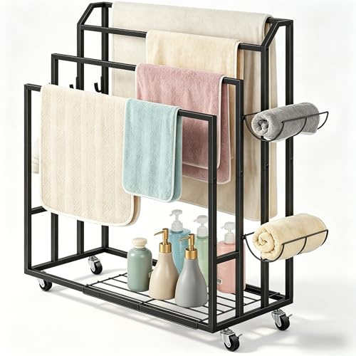 smusei Porte Serviette sur Pied à 4 Niveaux Porte Serviette Salle de Bain sur Pied avec Crochets Latéraux et Tablettes Porte-Serviettes de Salle de Bain pour Salles Bain Chambres Balcon (Noir)