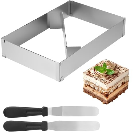 Marco rectangular ajustable, aro rectangular para tartas de acero inoxidable de 5 cm de altura, ajustable de 18x35-34x53 cm, con separador y 2 espátulas para hornear y decorar tartas en capas