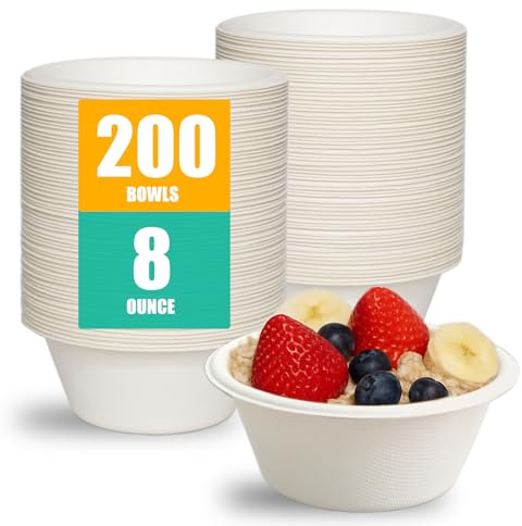 JINVOGREEN 200 Count 8 oz Paper Bowls, Small Disposable Compostable Bowls, Heavy Duty Biodegradable Sugarcane Bagasse Bowl for Snacks, Fruits, Desserts, White