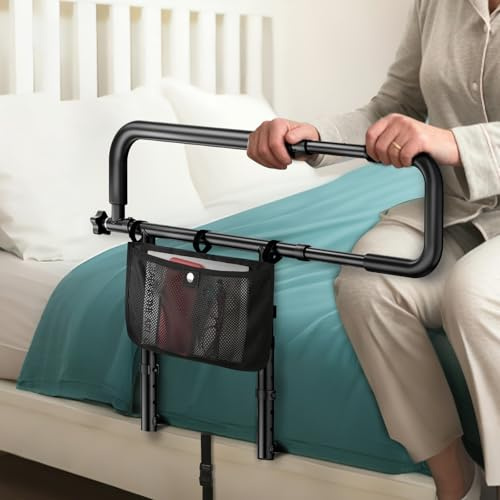 FORTEMOTUS Ayuda para levantarse de la cama para personas mayores, barandilla de cama con asa retráctil de longitud ajustable y bolsa de almacenamiento, altura ajustable para adultos, protección