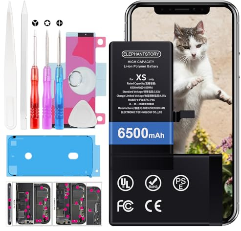 Elephantstory Akku für iPhone XS, 6500 mAh Hohe Kapazität Ersatzakku 0 Zyklen Lithium Polymer Akku mit Reparatur Werkzeugsatz und Anleitung Buch
