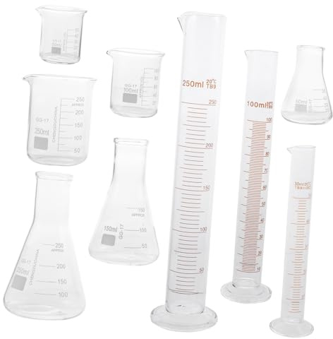 EXHUMKY 9pcs Glassware Set Graduated Beaker Conical Flask Graduated Cylinders for Laboratory Use Chemical Measuring Tools with Easy to Read Scale for Chemistry Experiments